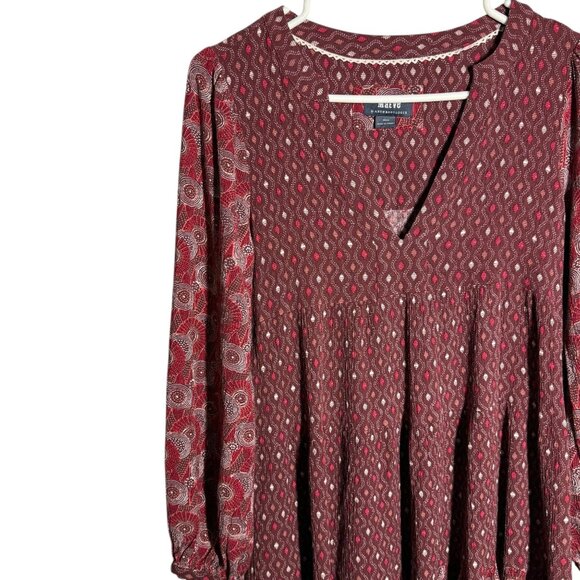 Maeve By Anthropologie burgundy  Boho Print Long Sleeve Dress V-Neck Small - Picture 4 of 8